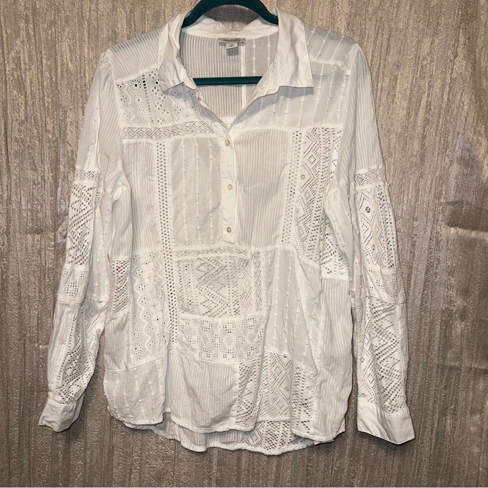 Sundance Patchwork White Lace Shirt Top Blouse {Medium} Cottagecore Boho
